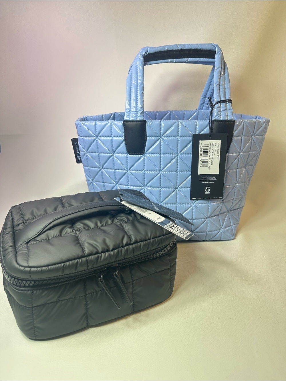 SET OF 2!! NEW VEE COLLECTIVE SMALL VEE TOTE CERULEAN BLUE & PORTER VANITY BLACK